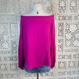 Anthropologie Floreat Hot Pink‎ Puff Sleeve Off The Shoulder Linen Blend Blouse